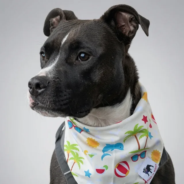 Black-and-white dog wearing a summer Bark or Woof bandana