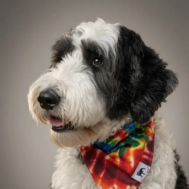 Doodle wearing a colorful Bark or Woof bandana