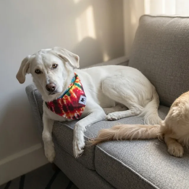 Dog relaxing on a sofa in a colorful Bark or Woof bandana