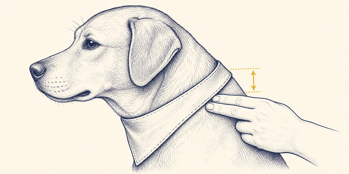 Illustration showing two fingers comfortably under a dog’s collar area when checking a bandana fit